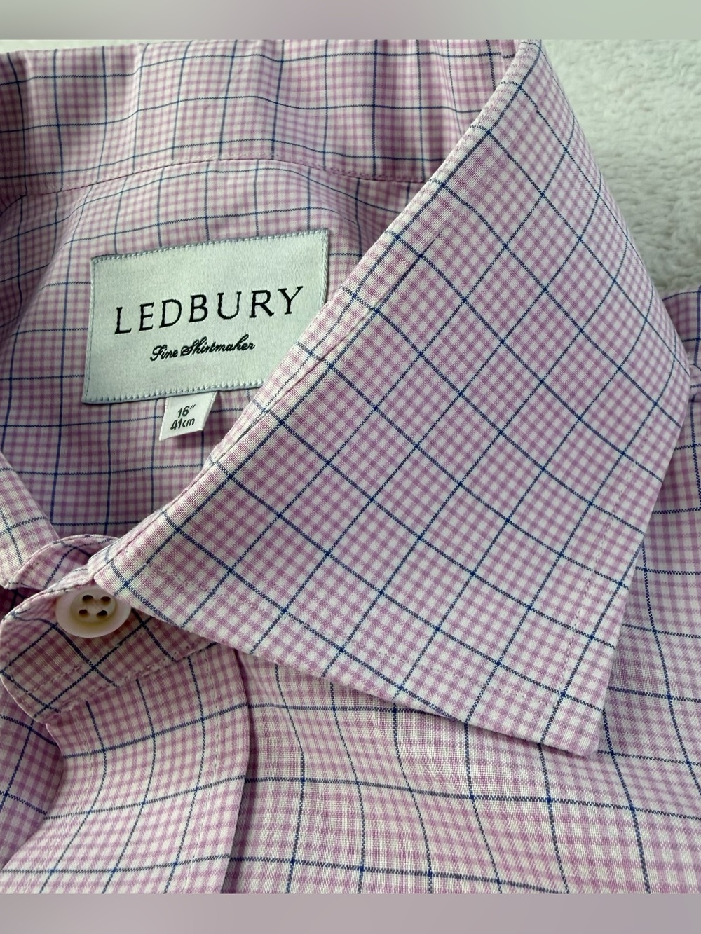 Ledbury Men’s 16 Pink White Blue Check Dress Shirt Made in Poland